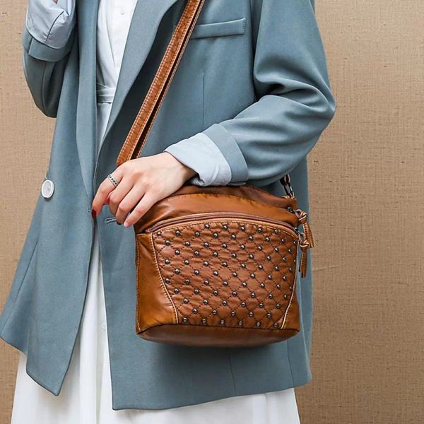 retro fashion rivet pu leather messenger bag for women multi pocket shoulder bag lady travel daily crossbody bags